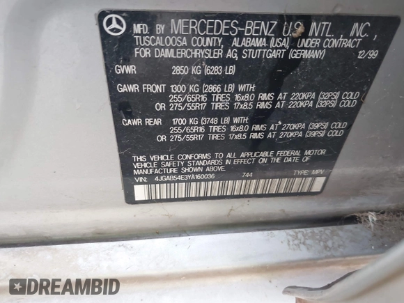 2000 Mercedes-Benz M 320/430/500 с VIN 4JGAB54E3YA160036, выставлен на аукционе IAAI как лот 41975809 с пробегом 170 925 миль миль и . История ставок и продаж доступна на DreamBid. Изображение 9.