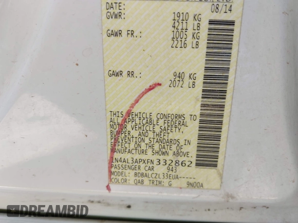 2015 Nissan Altima SL with VIN 1N4AL3APXFN332862, listed as a IAAI auction lot 41937106 with 151,527 mi miles and . Bid and sale history available at DreamBid. Image 9.