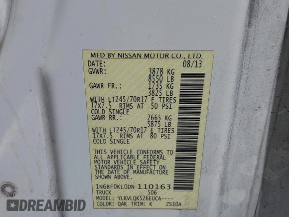 2013 Nissan NV S z VIN 1N6BF0KL0DN110163, wystawiony jako IAAI lot #42244509 z przebiegiem 135 419 mil mil oraz . Historia ofert i sprzedaży dostępna na DreamBid. Obrazek 9.