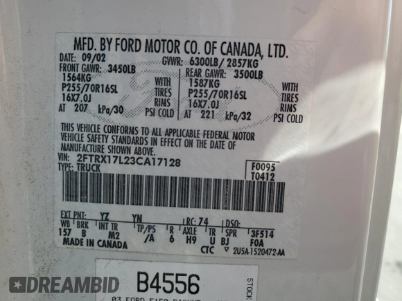 2003 Ford F-150 XL with VIN 2FTRX17L23CA17128, listed as a Copart auction lot 60144965 with 121,055 mi miles and Salvage title. Bid and sale history available at DreamBid. Image 12.
