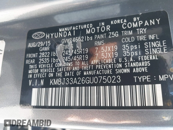 2016 Hyundai Tucson Limited with VIN KM8J33A26GU075023, listed as a IAAI auction lot 41656851 with 125,277 mi miles and . Bid and sale history available at DreamBid. Image 9.