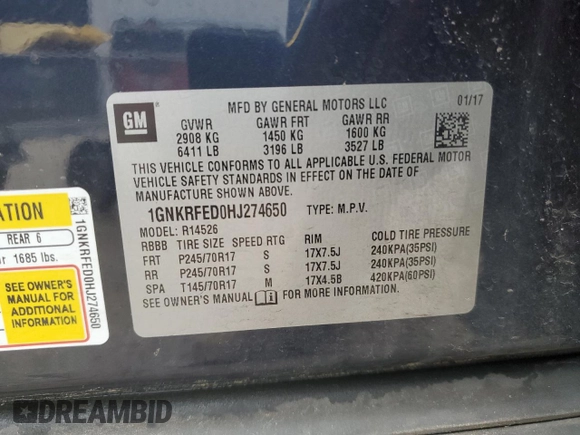 2017 Chevrolet Traverse LS with VIN 1GNKRFED0HJ274650, listed as a Copart auction lot 62949885 with 138,043 mi miles and Salvage title. Bid and sale history available at DreamBid. Image 14.