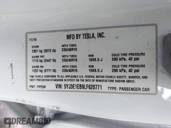 2020 Tesla Model 3 Long Range with VIN 5YJ3E1EB9LF620771, listed as a IAAI auction lot 41795008 with 53,155 mi miles and . Bid and sale history available at DreamBid. Image 9.