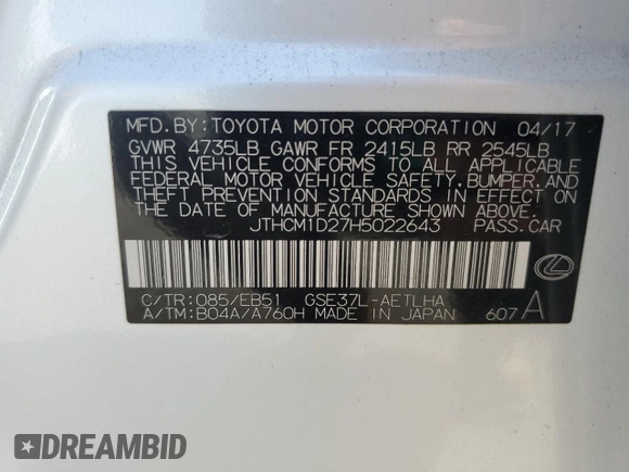 2017 Lexus IS 300 with VIN JTHCM1D27H5022643, listed as a Copart auction lot 61489985 with 59,565 mi miles and Salvage title. Bid and sale history available at DreamBid. Image 12.