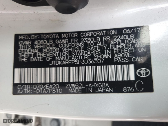2017 Toyota Prius Prime Plus with VIN JTDKARFP5H3036307, listed as a Copart auction lot 52154885 with 64,333 mi miles and Salvage Title. Bid and sale history available at carsss.com. Image 12.
