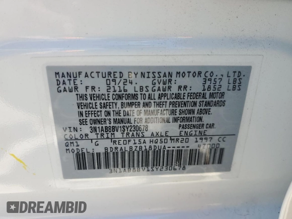 2025 Nissan Sentra S with VIN 3N1AB8BV1SY230678, listed as a Copart auction lot 58094955 with 11,700 mi miles and Salvage title. Bid and sale history available at DreamBid. Image 12.