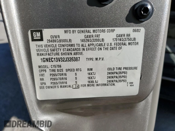 2002 Chevrolet Tahoe LS with VIN 1GNEC13V32J326387, listed as a Copart auction lot 88171325 with Not provided miles and Salvage title. Bid and sale history available at DreamBid. Image 13.