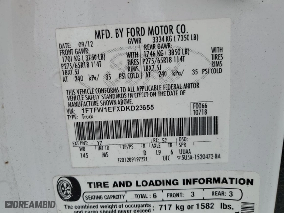 2013 Ford F-150 XL with VIN 1FTFW1EFXDKD23655, listed as a Copart auction lot 52053195 with 204,334 mi miles and Clean Title. Bid and sale history available at carsss.com. Image 12.