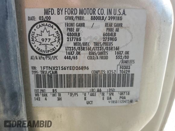2000 Ford F-250 XL with VIN 1FTNX21S6YED26896, listed as a Copart auction lot 78841974 with 206,840 mi miles and Salvage title. Bid and sale history available at DreamBid. Image 13.
