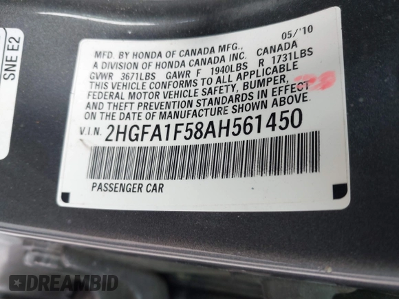 2010 Honda Civic LX with VIN 2HGFA1F58AH561450, listed as a IAAI auction lot 42155330 with 108,569 mi miles and . Bid and sale history available at DreamBid. Image 9.