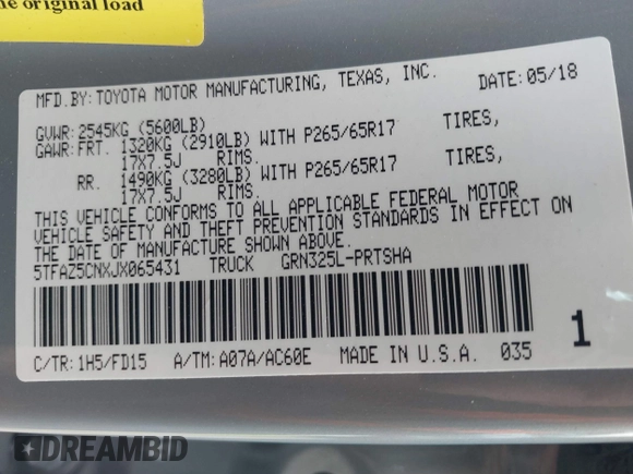 2018 Toyota Tacoma SR5 with VIN 5TFAZ5CNXJX065431, listed as a IAAI auction lot 41491056 with 39,024 mi miles and . Bid and sale history available at DreamBid. Image 9.