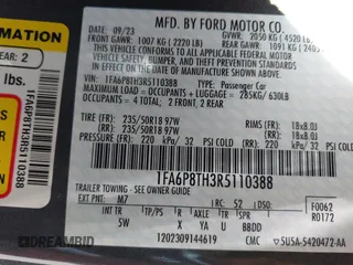 2024 Ford Mustang EcoBoost с VIN 1FA6P8TH3R5110388, выставлен на аукционе IAAI как лот 42103785 с пробегом 16 538 миль миль и . История ставок и продаж доступна на DreamBid. Изображение 9.