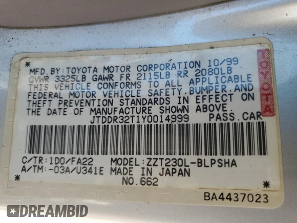 2000 Toyota Celica GT with VIN JTDDR32T1Y0014999, listed as a Copart auction lot 53584735 with Not provided miles and Clean title. Bid and sale history available at DreamBid. Image 12.