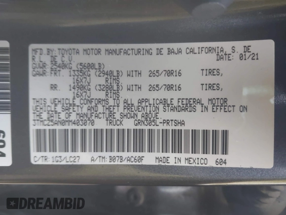 2021 Toyota Tacoma SR с VIN 3TMCZ5AN0MM403070, выставлен на аукционе IAAI как лот 41783196 с пробегом Не указан миль и . История ставок и продаж доступна на DreamBid. Изображение 9.