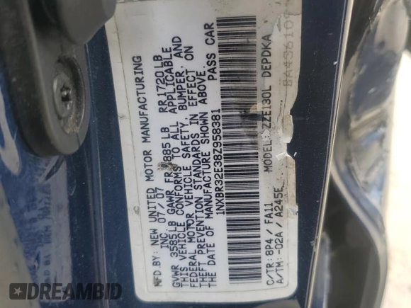 2008 Toyota Corolla CE with VIN 1NXBR32E38Z958381, listed as a Copart auction lot 51498625 with 251,712 mi miles and Salvage Title. Bid and sale history available at DreamBid. Image 13.