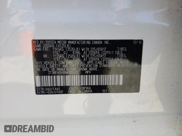 2011 Toyota RAV4 with VIN 2T3BF4DV8BW105520, listed as a Copart auction lot 53967715 with 136,305 mi miles and Salvage Title. Bid and sale history available at carsss.com. Image 13.