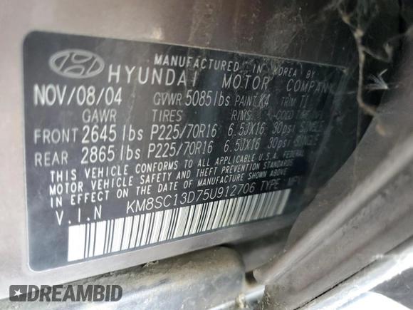 2005 Hyundai Santa Fe GLS with VIN KM8SC13D75U912706, listed as a Copart auction lot 57878555 with 134,565 mi miles and Clean title. Bid and sale history available at DreamBid. Image 12.
