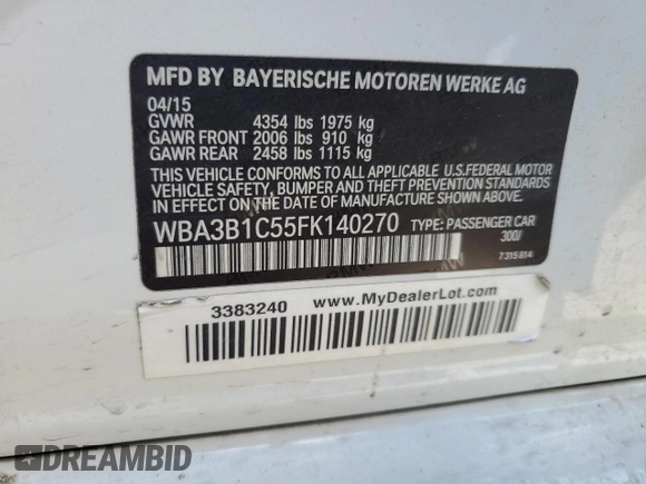 2015 BMW 3 Series 320i with VIN WBA3B1C55FK140270, listed as a Copart auction lot 51127975 with 0 mi miles and Salvage Title. Bid and sale history available at carsss.com. Image 14.
