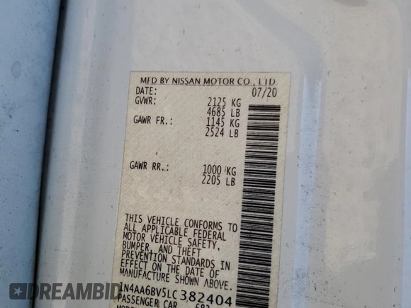 2020 Nissan Maxima S with VIN 1N4AA6BV5LC382404, listed as a Copart auction lot 88343775 with 51,073 mi miles and Salvage title. Bid and sale history available at DreamBid. Image 12.