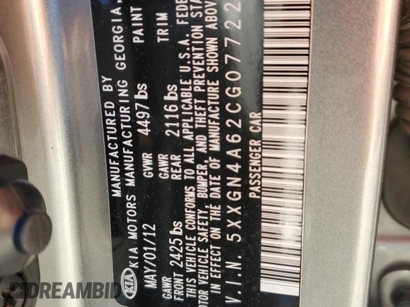 2012 Kia Optima EX with VIN 5XXGN4A62CG077224, listed as a Copart auction lot 51991515 with 199,552 mi miles and Salvage Title. Bid and sale history available at carsss.com. Image 12.