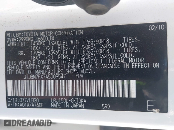 2010 Lexus GX 460 with VIN JTJBM7FX7A5009547, listed as a IAAI auction lot 42532447 with 198,544 mi miles and . Bid and sale history available at DreamBid. Image 9.