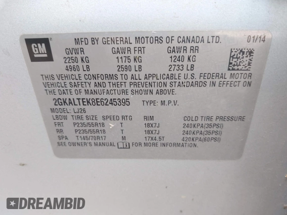 2014 GMC Terrain SLT with VIN 2GKALTEK8E6245395, listed as a IAAI auction lot 42243597 with 261,369 mi miles and . Bid and sale history available at DreamBid. Image 9.