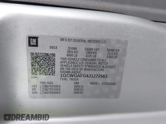 2018 Chevrolet Express Cargo Van with VIN 1GCWGAFG4J1272563, listed as a IAAI auction lot 41107558 with 1 mi miles. Bid and sale history available at carsss.com. Image 9.