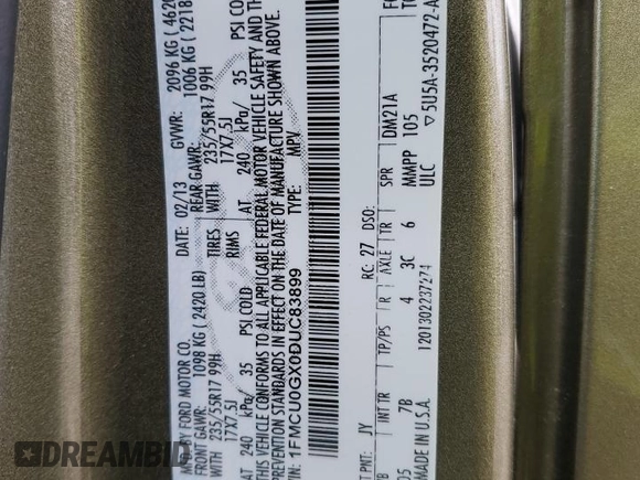 2013 Ford Escape SE with VIN 1FMCU0GX0DUC83899, listed as a Copart auction lot 48912205 with 102,476 mi miles and Salvage Title. Bid and sale history available at DreamBid. Image 13.