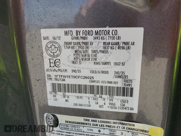 2012 Ford F-150 XL z VIN 1FTFW1ET0CFC26025, wystawiony jako Copart lot #52780445 z przebiegiem 328 020 mil mil oraz Szkoda całkowita • Salvage title. Historia ofert i sprzedaży dostępna na DreamBid. Obrazek 14.