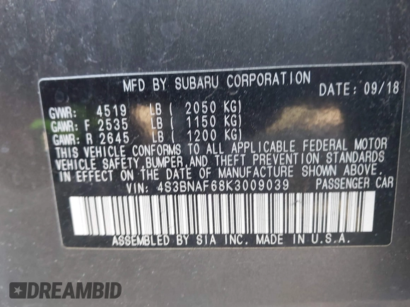 2019 Subaru Legacy Premium with VIN 4S3BNAF68K3009039, listed as a IAAI auction lot 41895951 with 65,142 mi miles and . Bid and sale history available at DreamBid. Image 9.