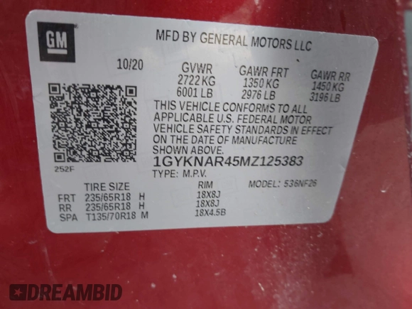 2021 Cadillac XT5 FWD Luxury with VIN 1GYKNAR45MZ125383, listed as a IAAI auction lot 41685947 with 64,997 mi miles. Bid and sale history available at carsss.com. Image 9.