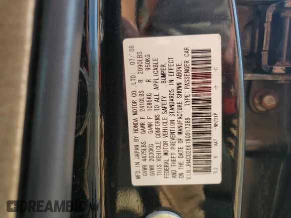 2009 Acura TSX with VIN JH4CU26619C017389, listed as a Copart auction lot 62954645 with 304,353 mi miles and Salvage title. Bid and sale history available at DreamBid. Image 12.
