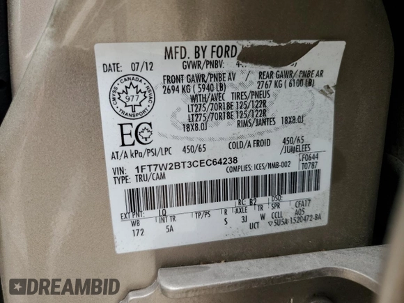 2012 Ford F-250 XL с VIN 1FT7W2BT3CEC64238, выставлен на аукционе Copart как лот 60459995 с пробегом 258 929 миль миль и Списание • Salvage title. История ставок и продаж доступна на DreamBid. Изображение 12.