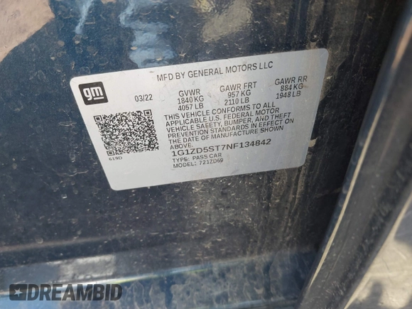 2022 Chevrolet Malibu LT with VIN 1G1ZD5ST7NF134842, listed as a IAAI auction lot 41861400 with 79,254 mi miles and . Bid and sale history available at DreamBid. Image 9.