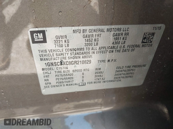 2016 Chevrolet Tahoe LT z VIN 1GNSCBKC8GR210829, wystawiony jako IAAI lot #42459936 z przebiegiem 160 518 mil mil oraz . Historia ofert i sprzedaży dostępna na DreamBid. Obrazek 9.