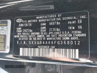 2015 Kia Optima SX Turbo with VIN 5XXGR4A66FG368012, listed as a IAAI auction lot 42281255 with 133,809 mi miles and . Bid and sale history available at DreamBid. Image 9.