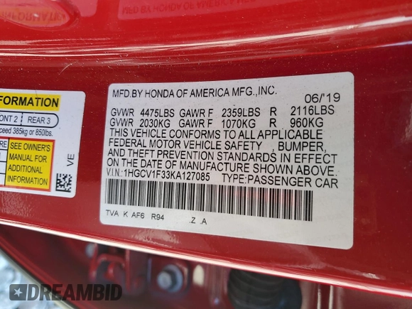 2019 Honda Accord Sedan Sport 1.5T with VIN 1HGCV1F33KA127085, listed as a Copart auction lot 51412665 with 109,165 mi miles and Salvage Title. Bid and sale history available at carsss.com. Image 14.