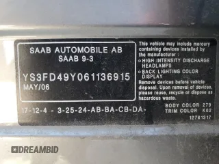 2006 Saab 9-3 z VIN YS3FD49Y061136915, wystawiony jako Copart lot #69597874 z przebiegiem 155 479 mil mil oraz Szkoda całkowita • Salvage title. Historia ofert i sprzedaży dostępna na DreamBid. Obrazek 12.
