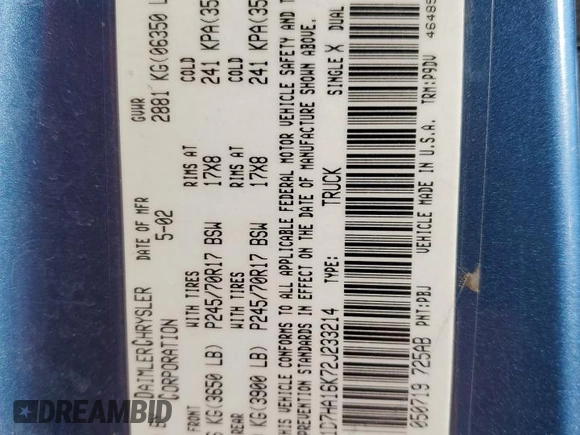 2002 Dodge 1500 with VIN 1D7HA16K72J233214, listed as a Copart auction lot 43047515 with 244,458 mi miles and Salvage Title. Bid and sale history available at DreamBid. Image 12.