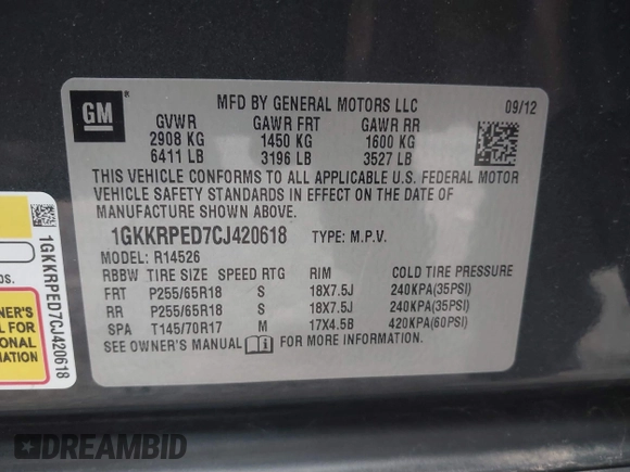 2012 GMC Acadia SLE with VIN 1GKKRPED7CJ420618, listed as a IAAI auction lot 41706263 with 134,020 mi miles. Bid and sale history available at carsss.com. Image 9.
