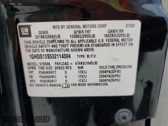2003 Oldsmobile Bravada z VIN 1GHDS13S532114304, wystawiony jako Copart lot #88533455 z przebiegiem 231 181 mil mil oraz Szkoda całkowita • Salvage title. Historia ofert i sprzedaży dostępna na DreamBid. Obrazek 14.