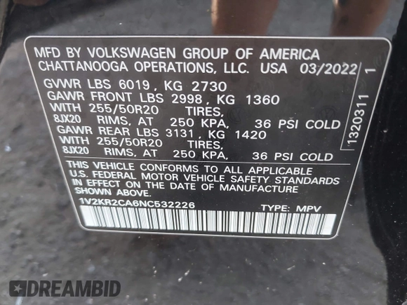 2022 Volkswagen Atlas SE with VIN 1V2KR2CA6NC532226, listed as a IAAI auction lot 42244894 with 33,767 mi miles and . Bid and sale history available at DreamBid. Image 9.