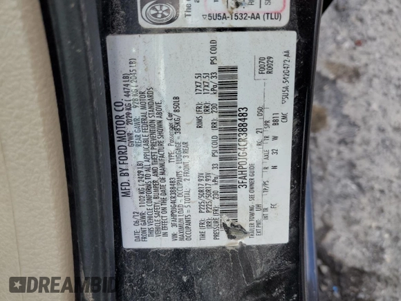 2012 Ford Fusion SEL z VIN 3FAHP0JG4CR388483, wystawiony jako Copart lot #57391805 z przebiegiem 184 665 mil mil oraz Szkoda całkowita • Salvage title. Historia ofert i sprzedaży dostępna na DreamBid. Obrazek 12.