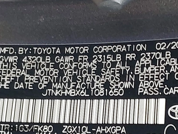 2020 Toyota C-HR LE with VIN JTNKHMBX6L1081650, listed as a IAAI auction lot 41435928 with 62,256 mi miles. Bid and sale history available at carsss.com. Image 9.
