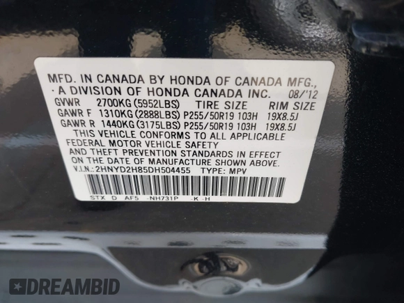 2013 Acura MDX Advance with VIN 2HNYD2H85DH504455, listed as a IAAI auction lot 42177134 with 148,588 mi miles and . Bid and sale history available at DreamBid. Image 9.