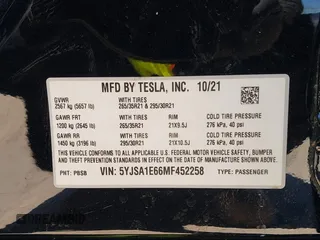 2021 Tesla Model S Plaid with VIN 5YJSA1E66MF452258, listed as a IAAI auction lot 41832000 with 42,845 mi miles and . Bid and sale history available at DreamBid. Image 9.