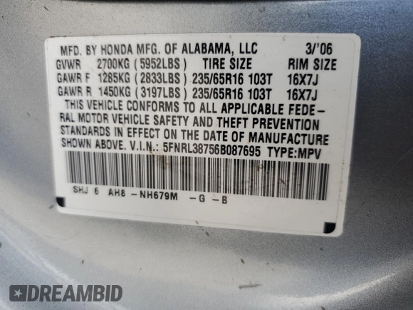 2006 Honda Odyssey EX-L z VIN 5FNRL38756B087695, wystawiony jako Copart lot #60122525 z przebiegiem 213 221 mil mil oraz Szkoda całkowita • Salvage title. Historia ofert i sprzedaży dostępna na DreamBid. Obrazek 14.