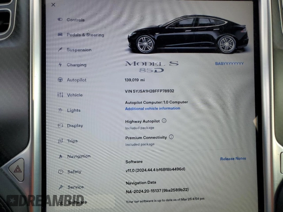 2015 Tesla Model S 85D with VIN 5YJSA1H28FFP78932, listed as a Copart auction lot 47893275 with 139,019 mi miles and Salvage Title. Bid and sale history available at carsss.com. Image 9.