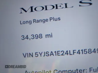 2020 Tesla Model S Long Range with VIN 5YJSA1E24LF415849, listed as a IAAI auction lot 42571945 with 34,398 mi miles and . Bid and sale history available at DreamBid. Image 16.