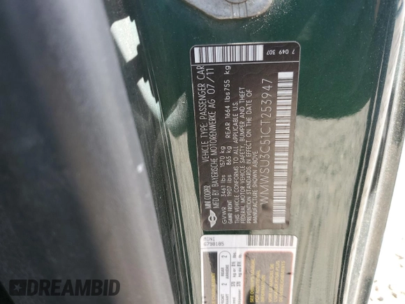 2012 MINI Hardtop with VIN WMWSU3C51CT253947, listed as a Copart auction lot 55210405 with 139,535 mi miles and Salvage Title. Bid and sale history available at DreamBid. Image 12.